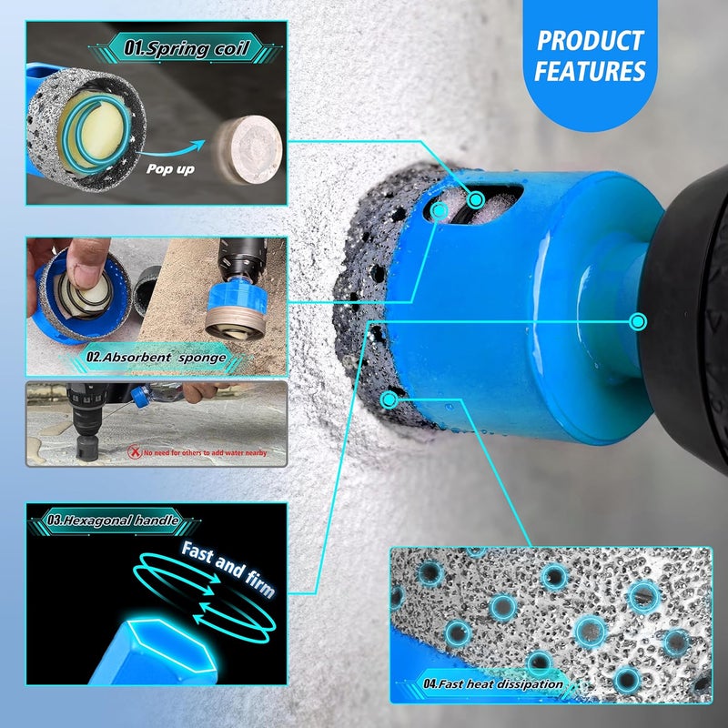 ZNXIMER Diamond Hole Saw Kit - Diamond Core Drill Bits Set for Ceramic, Granite, Marble and More Drilling - 9pcs Porcelain Tile Hole Saw Kit(6/8/10/25/32/35/38/50/65MM) - Image 5
